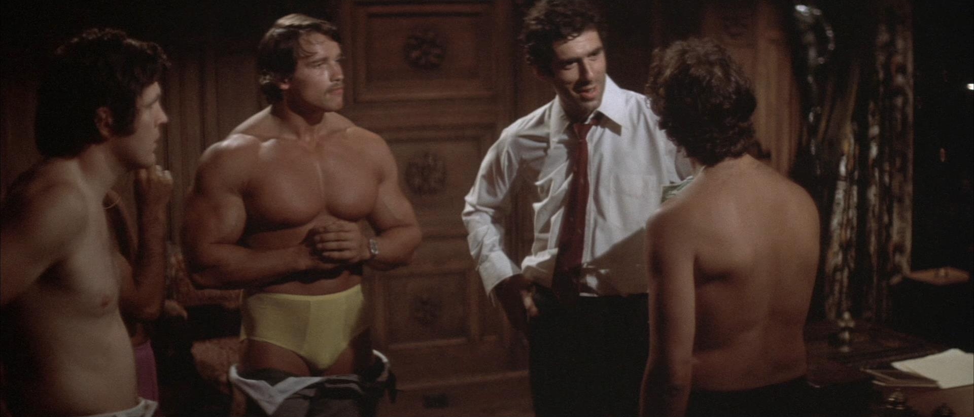 The Long Goodbye arnold schwarzenegger moustached in yellow briefs