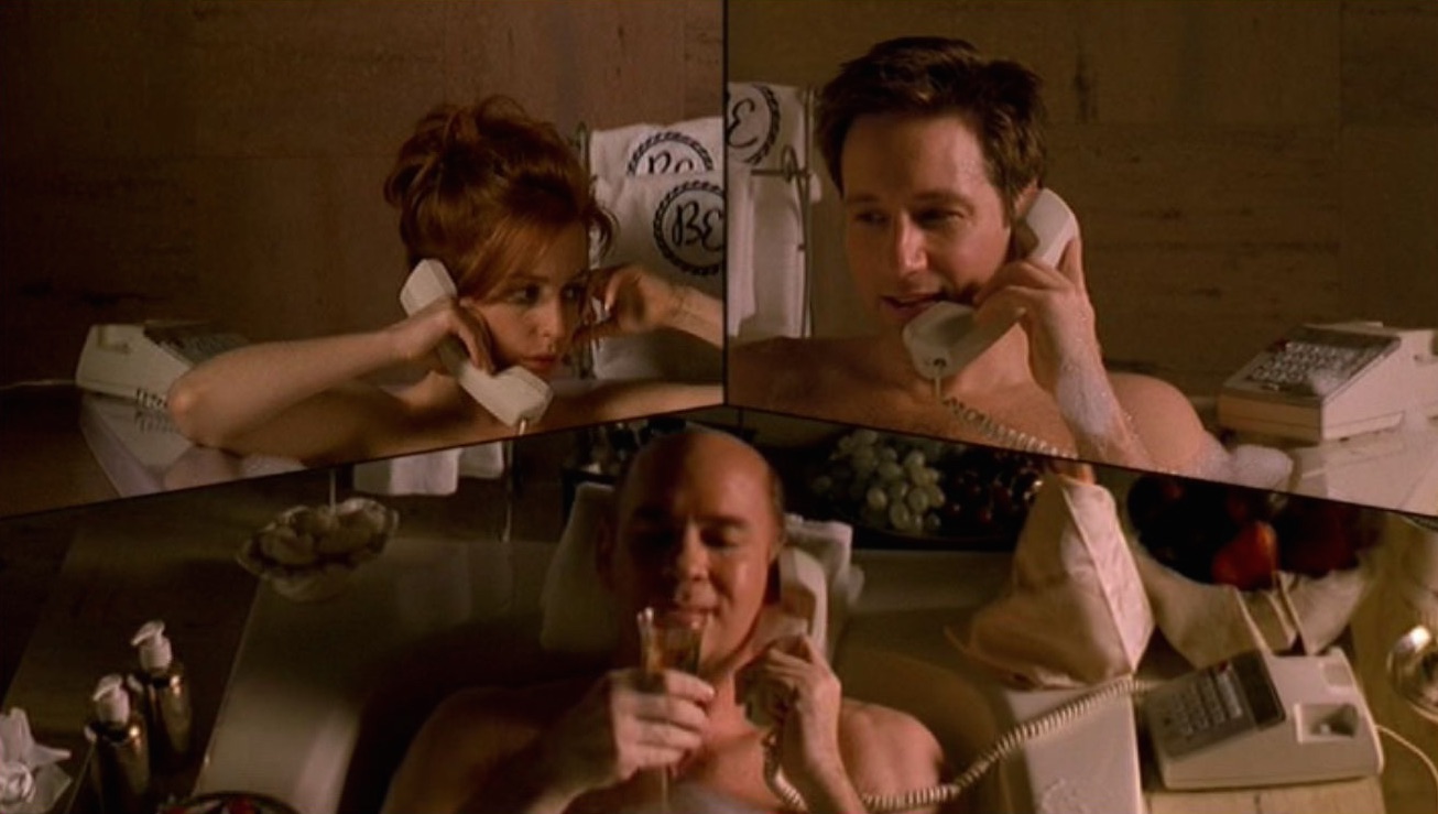 dana scully bathtub fox mulder walter skinner splitscreen telephone hollywood ad x-files