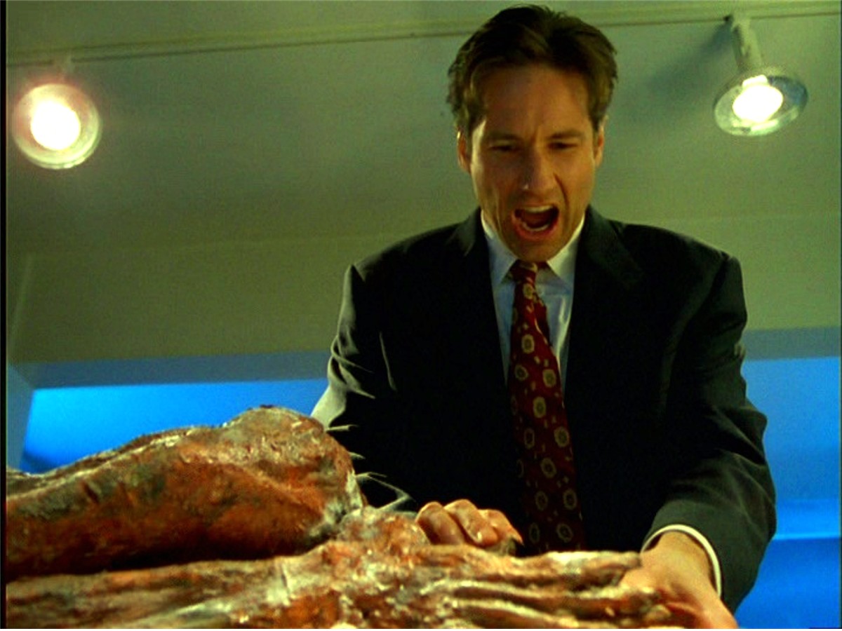 david Duchovny as fox mulder losing his cool exterior x-files alien corpse