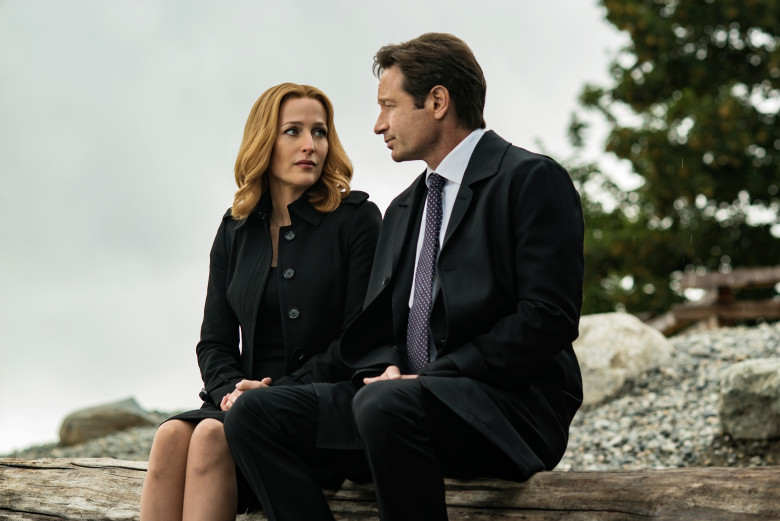 mulder and scully older sitting on a log x-files