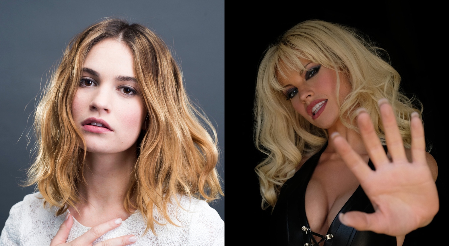 LILY JAMES i SEBASTIAN STAN jako Pamela Anderson i Tommy Lee na zdjęciach z nadchodzącego serialu