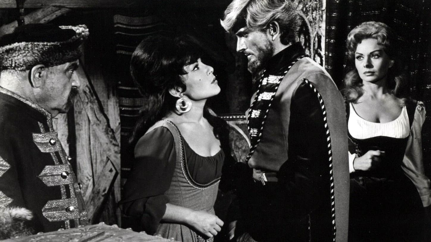 Eleonora Vargas, John Drew Barrymore, Jeanne Crain, w filmie "Ogniem i mieczem" (1962)