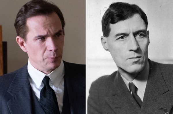 both with long faces and brunette hair wearing suits
