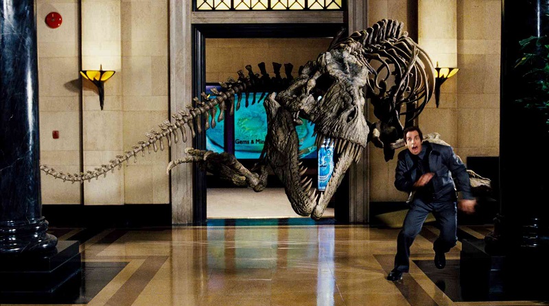NATM-400 Security guard Larry Daley (Ben Stiller) flees, as a Tyrannosaurus Rex that has come to life at night carves a swath of destruction through a museum's marble corridors.