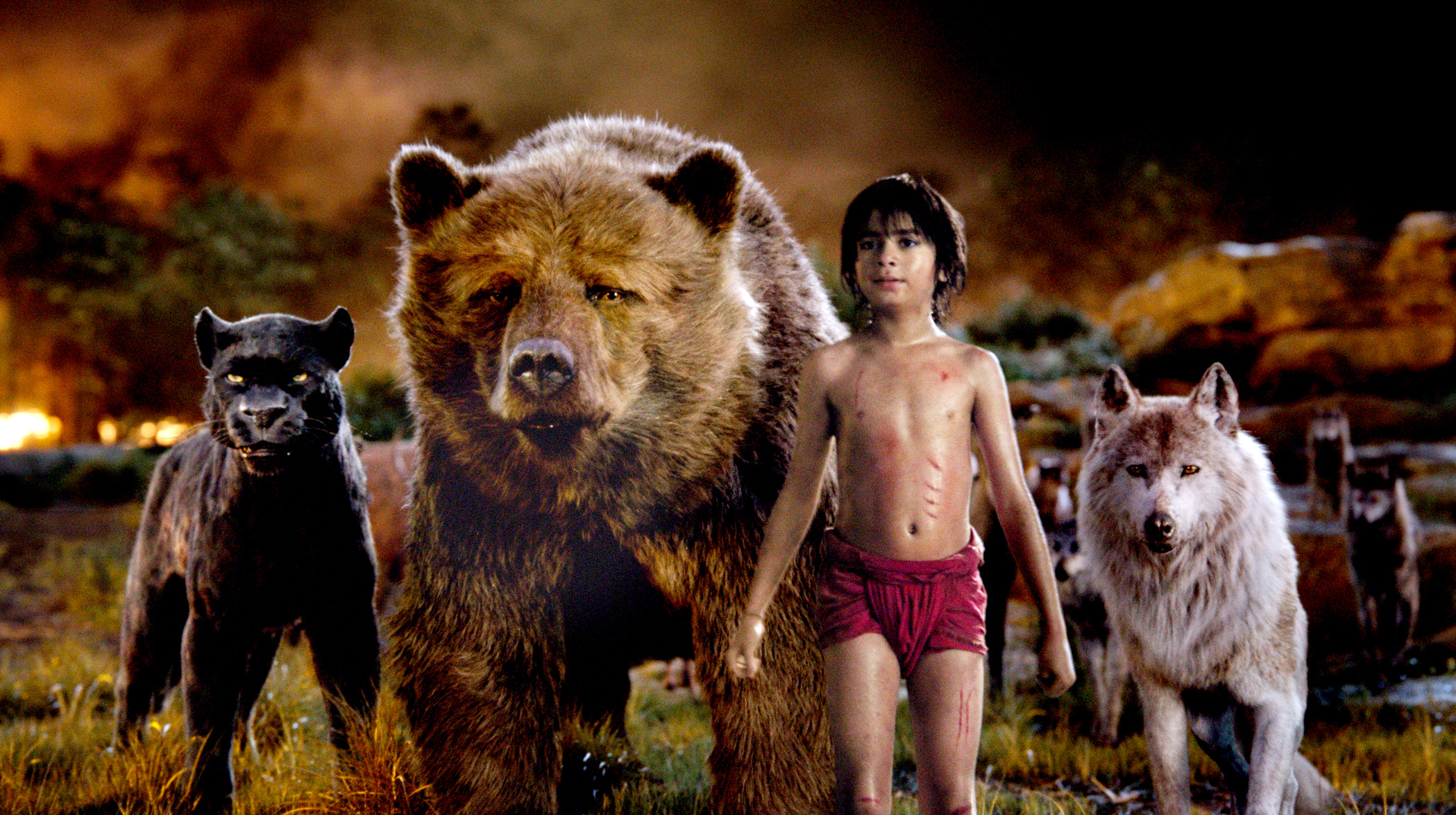 THE JUNGLE BOOK - (L-R) BAGHEERA, BALOO, MOWGLI and RAKSHA. ©2016 Disney Enterprises, Inc. All Rights Reserved.
