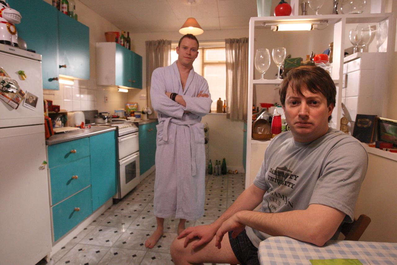 David Mitchell and Robert Webb on set in North London filming the new series of Peep Show.
