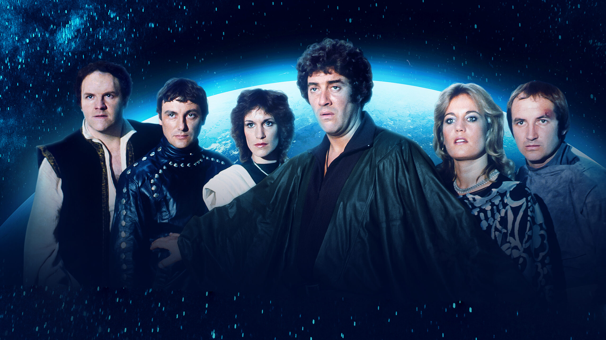 Seven adults in retro sci‑fi costumes stand together against a blue Earth backdrop, posing as a team.