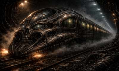 Dark, biomechanical-looking train with a skull-like front in a smoky tunnel, glowing windows along the carriages.