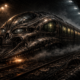 Dark, biomechanical-looking train with a skull-like front in a smoky tunnel, glowing windows along the carriages.