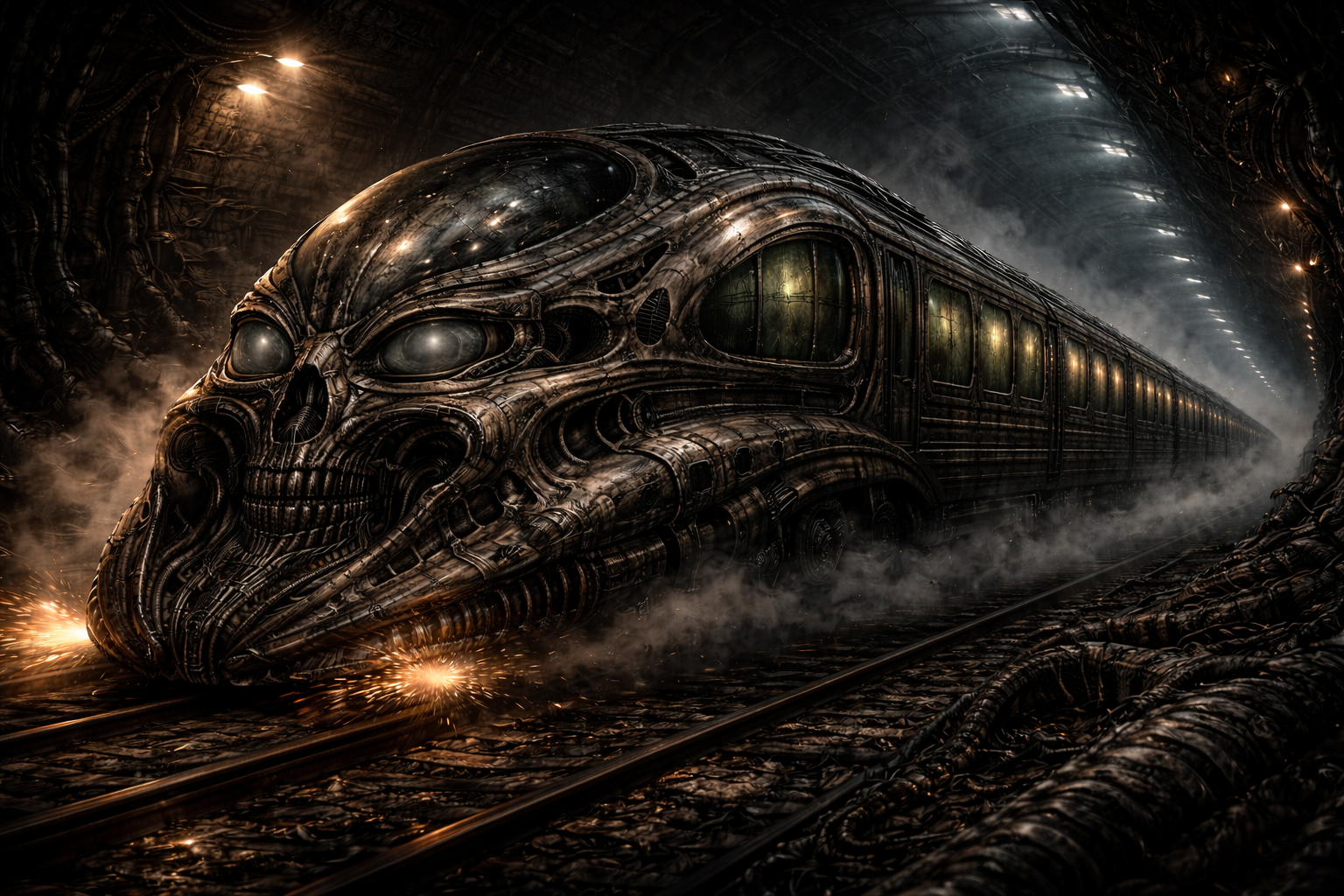 Dark, biomechanical-looking train with a skull-like front in a smoky tunnel, glowing windows along the carriages.