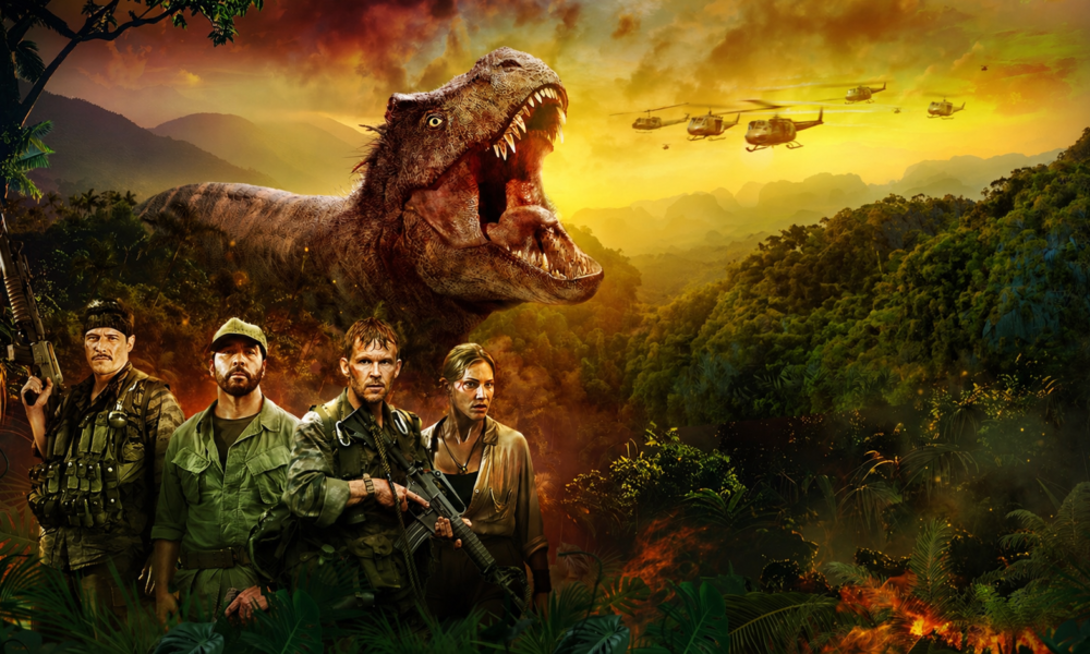 Tyrannosaurus rex roars over a jungle with armed soldiers in the foreground and helicopters in a fiery sunset sky, suggesting an action film poster.