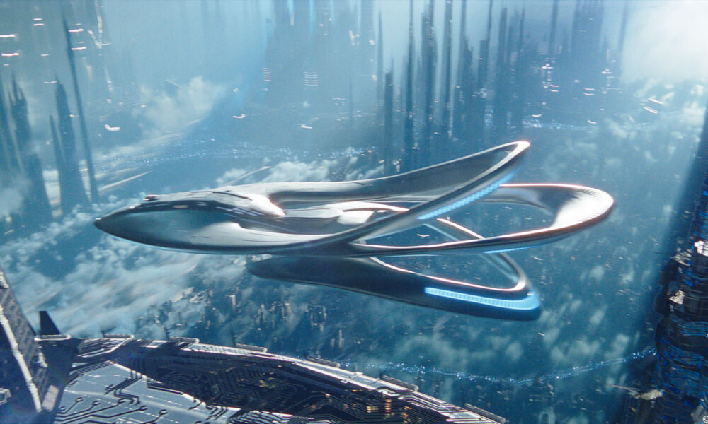 Futuristic silver spaceship gliding between towering glass skyscrapers above a cloudy blue cityscape. ɪn culprits