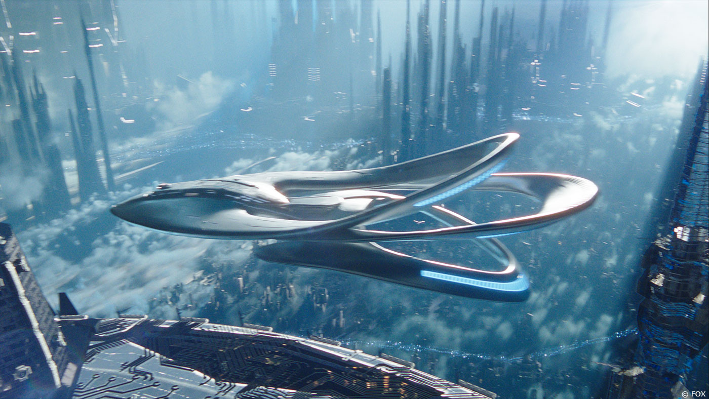 Futuristic silver spaceship gliding between towering glass skyscrapers above a cloudy blue cityscape. ɪn culprits