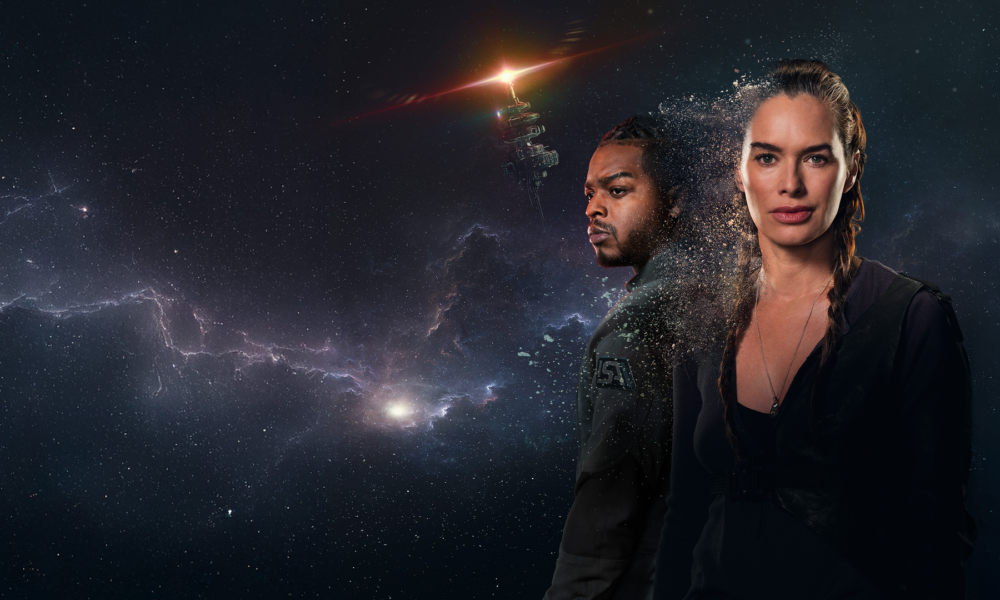 Two space explorers, a man and a woman, stand against a star-filled space backdrop; the woman appears to dissolve into particles on the right side.