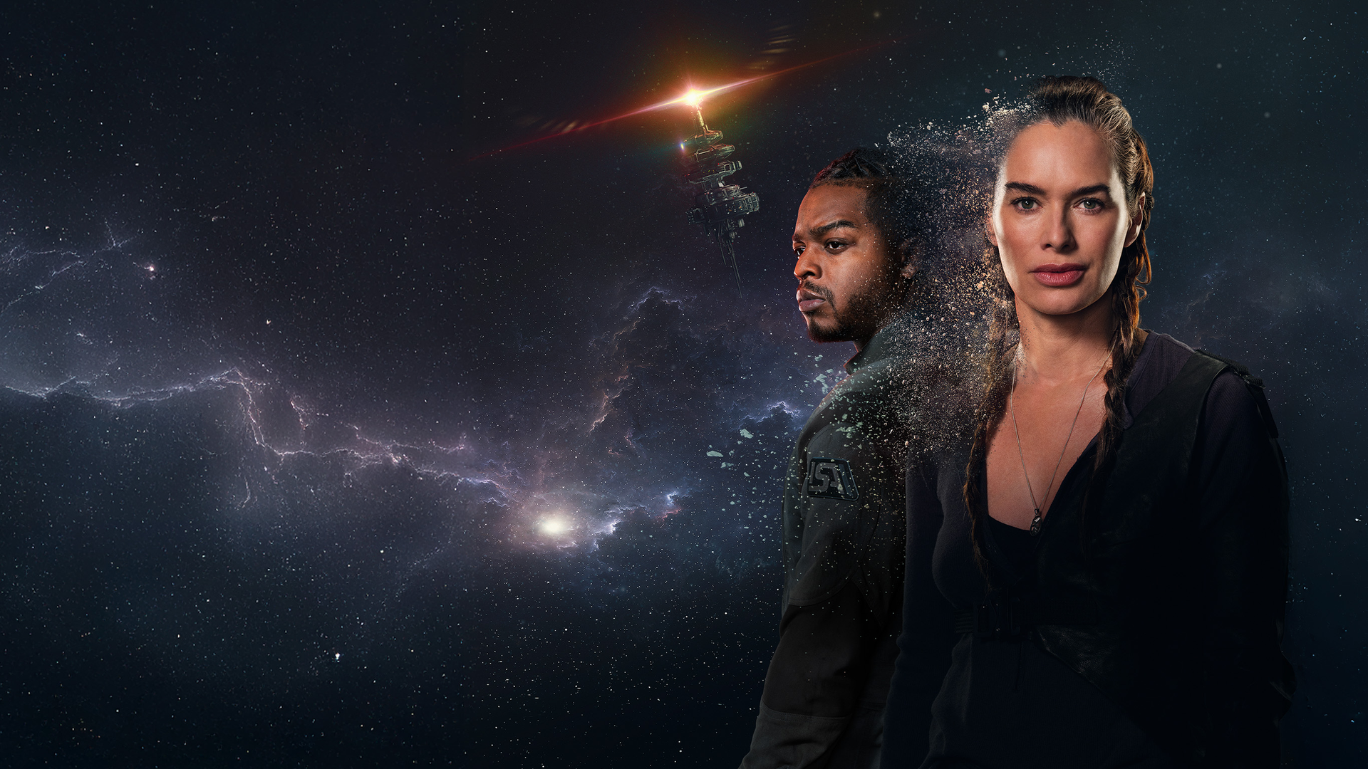 Two space explorers, a man and a woman, stand against a star-filled space backdrop; the woman appears to dissolve into particles on the right side.