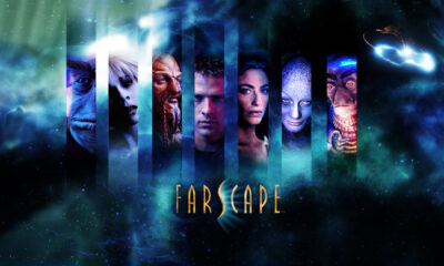Cosmic-themed poster with vertical character panels across a nebula background and the Farscape title at the bottom.