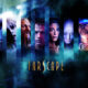 Cosmic-themed poster with vertical character panels across a nebula background and the Farscape title at the bottom.