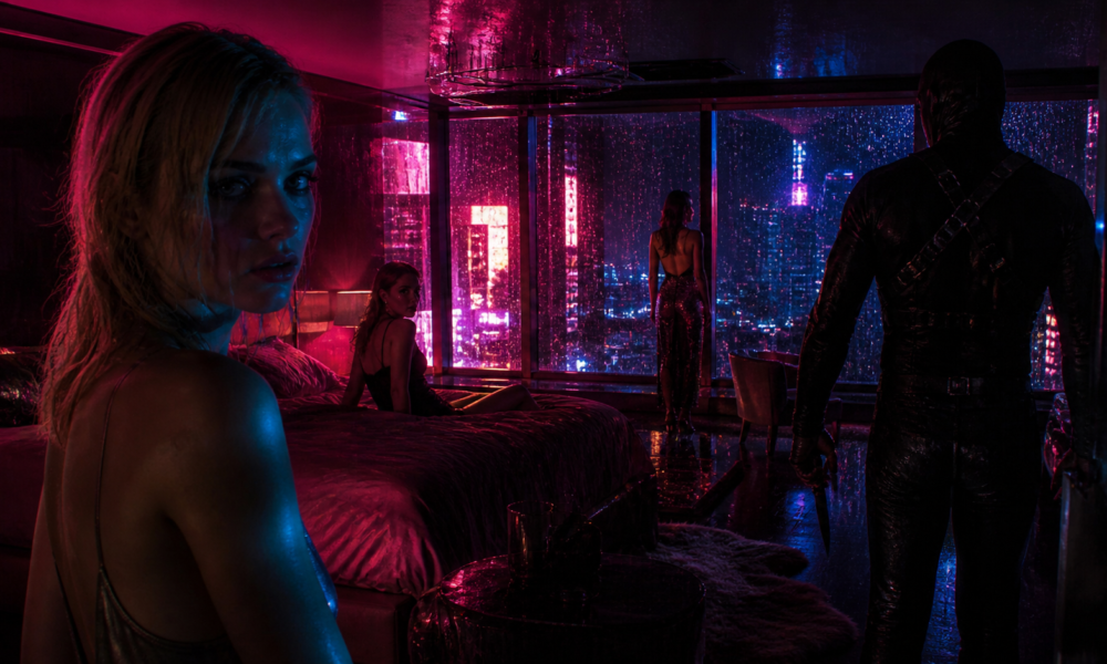 Neon-lit hotel room scene: a woman with blonde hair looks toward the camera while another woman sits on a bed; a dark figure stands with a knife near the doorway as rain falls outside the city window.