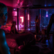 Neon-lit hotel room scene: a woman with blonde hair looks toward the camera while another woman sits on a bed; a dark figure stands with a knife near the doorway as rain falls outside the city window.