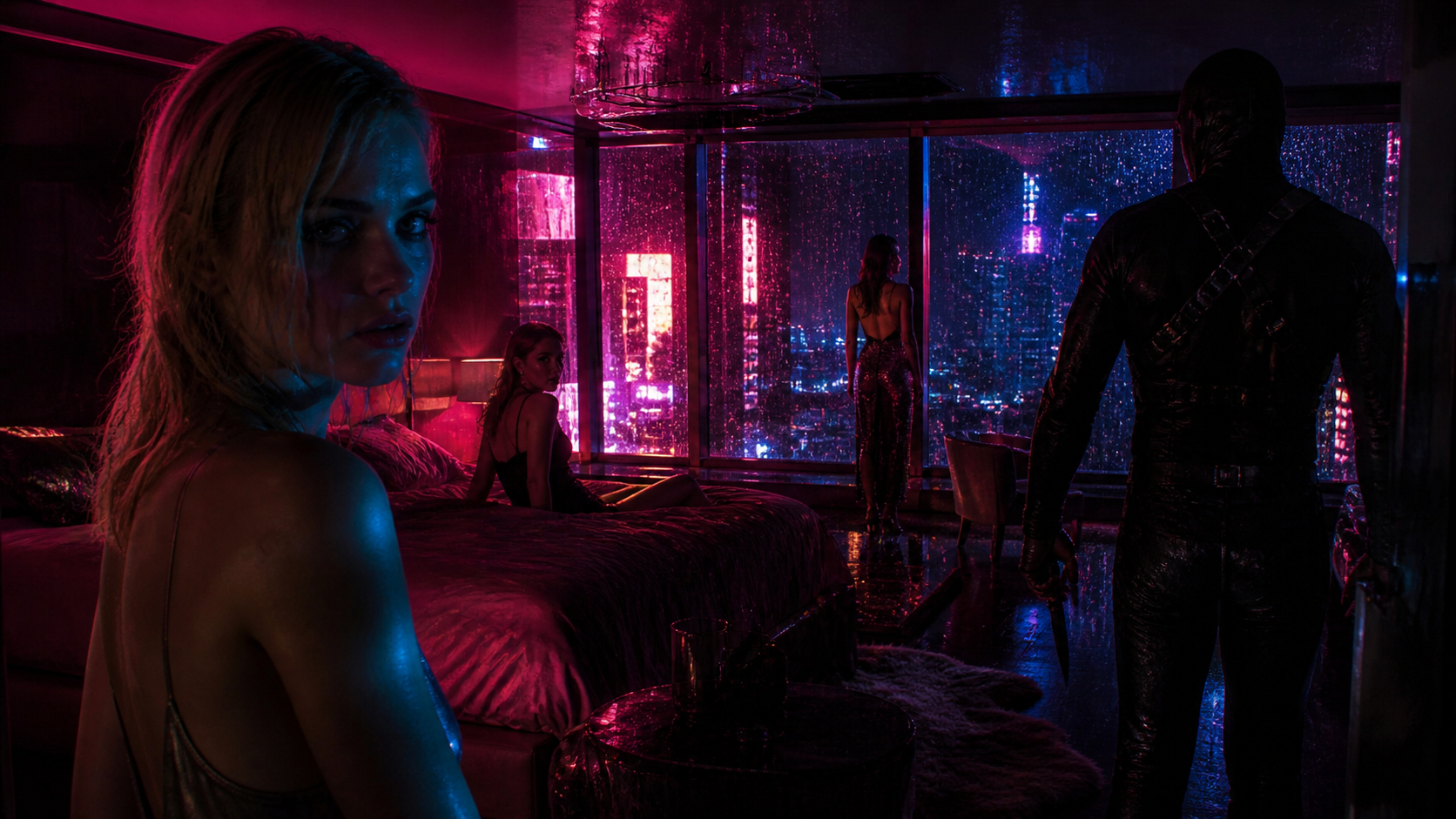 Neon-lit hotel room scene: a woman with blonde hair looks toward the camera while another woman sits on a bed; a dark figure stands with a knife near the doorway as rain falls outside the city window.