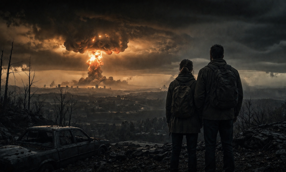 Two hikers with backpacks overlook a burning city as a massive nuclear mushroom cloud rises above the skyline in a dark landscape.
