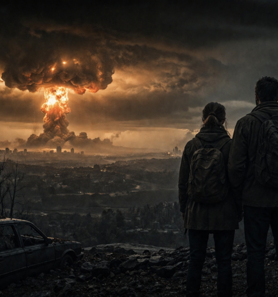 Two hikers with backpacks overlook a burning city as a massive nuclear mushroom cloud rises above the skyline in a dark landscape.