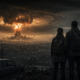 Two hikers with backpacks overlook a burning city as a massive nuclear mushroom cloud rises above the skyline in a dark landscape.