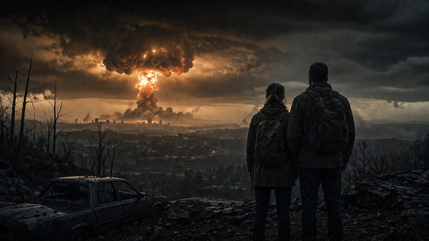 Two hikers with backpacks overlook a burning city as a massive nuclear mushroom cloud rises above the skyline in a dark landscape.