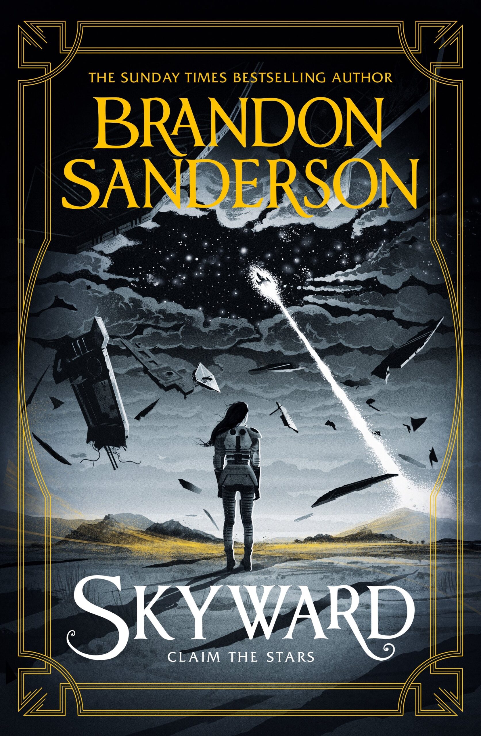 Book cover: a lone astronaut stands on a barren plain, debris swirls around as a bright rocket streaks through a starry sky, framed in gold.