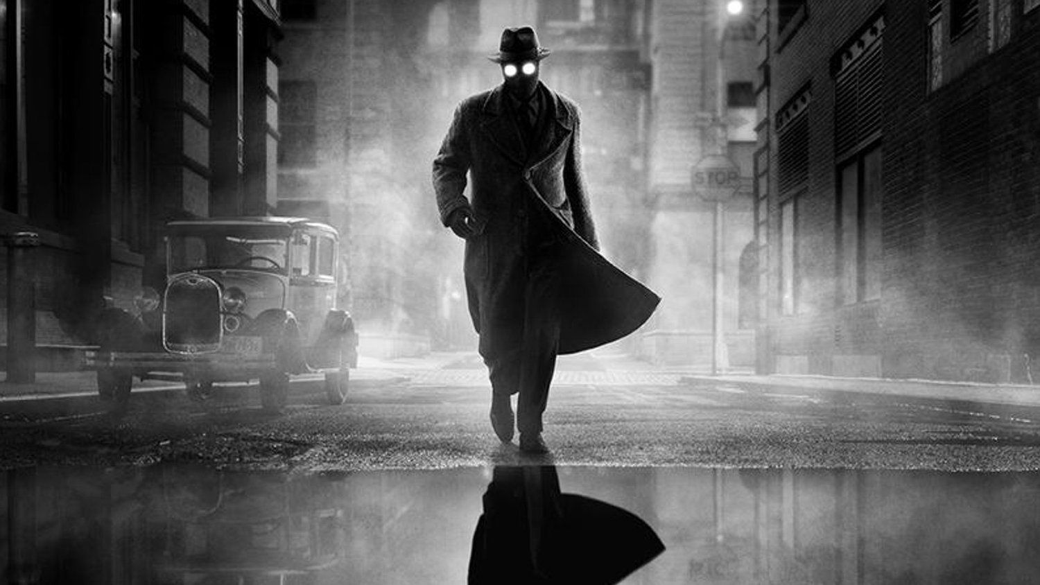 Noir-styled figure in a trench coat and fedora with glowing eyes walks down a foggy city street, reflected in a puddle.