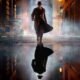 Noir-styled man in a long trench coat and fedora walks down a foggy city street at night, his reflection visible in a puddle.