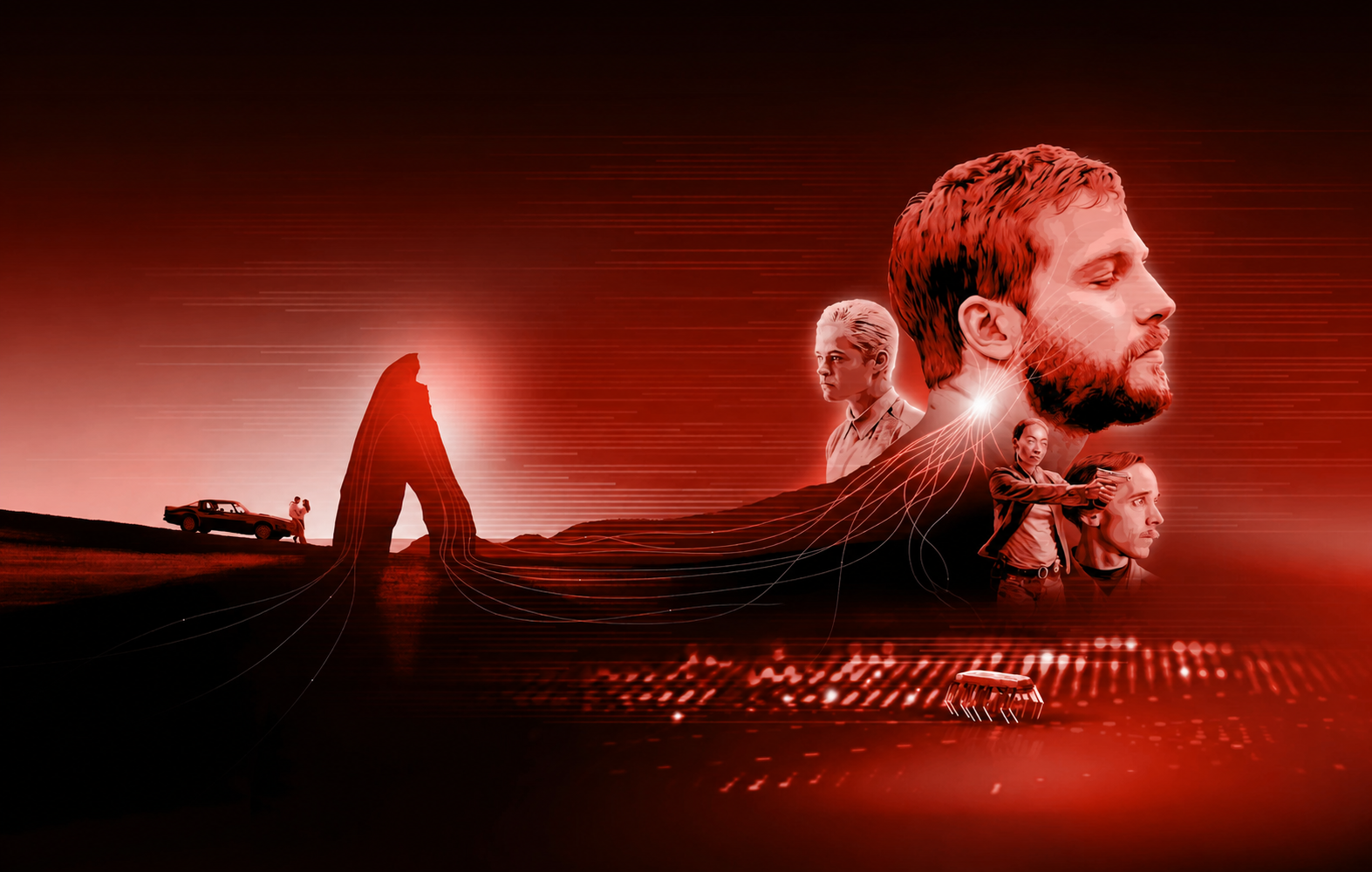Red-tinted collage: a man’s profile with smaller figures connected by light streams over a desert road.