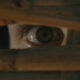 Close-up of a human eye peering through a narrow gap in wood.