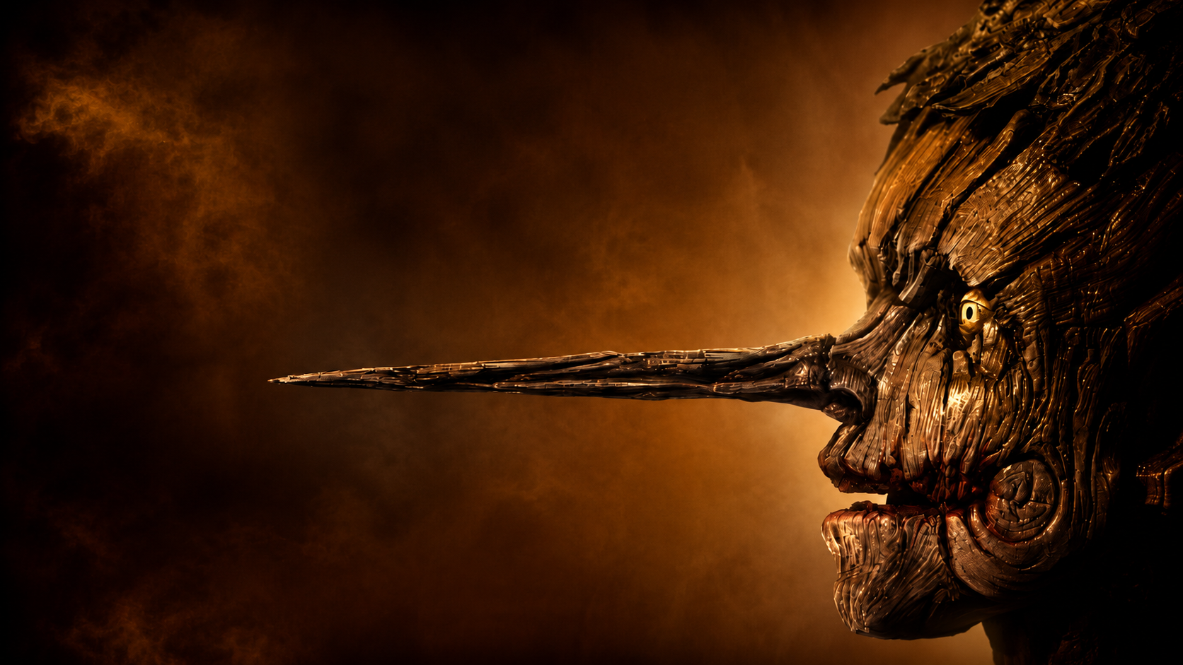 Close-up of a textured dragon head sculpture, with a long, forward-extending snout against a warm orange, smoky background.