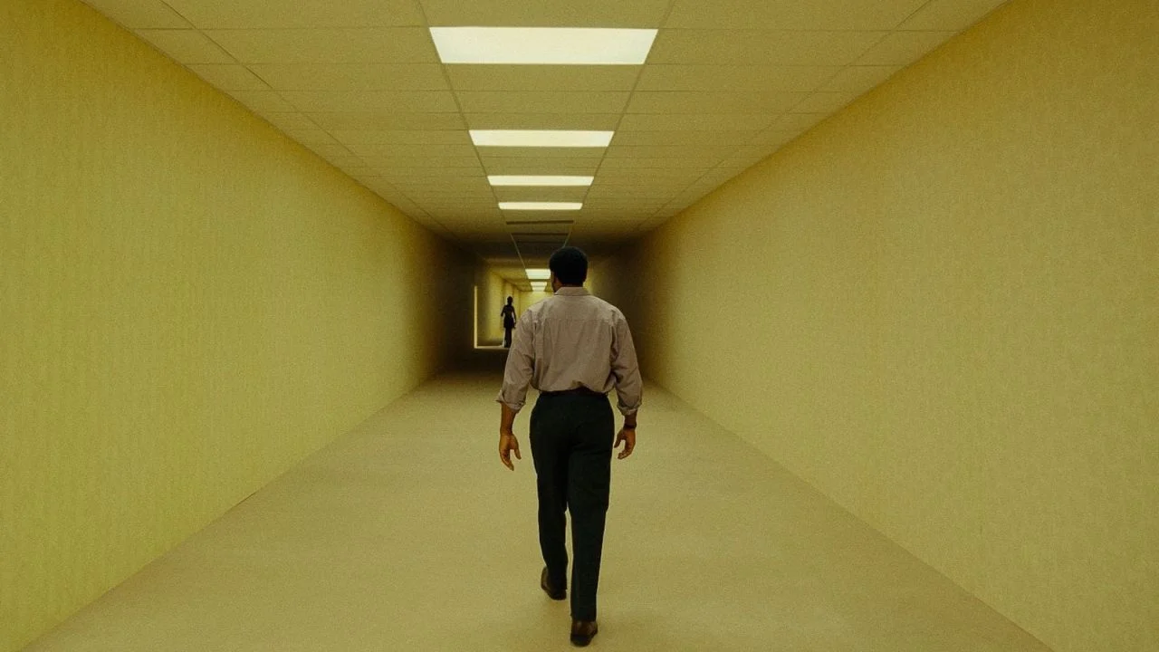 backrooms-4 | film.org.pl Man in a dress shirt and trousers walking away down a long beige hallway with fluorescent ceiling lights