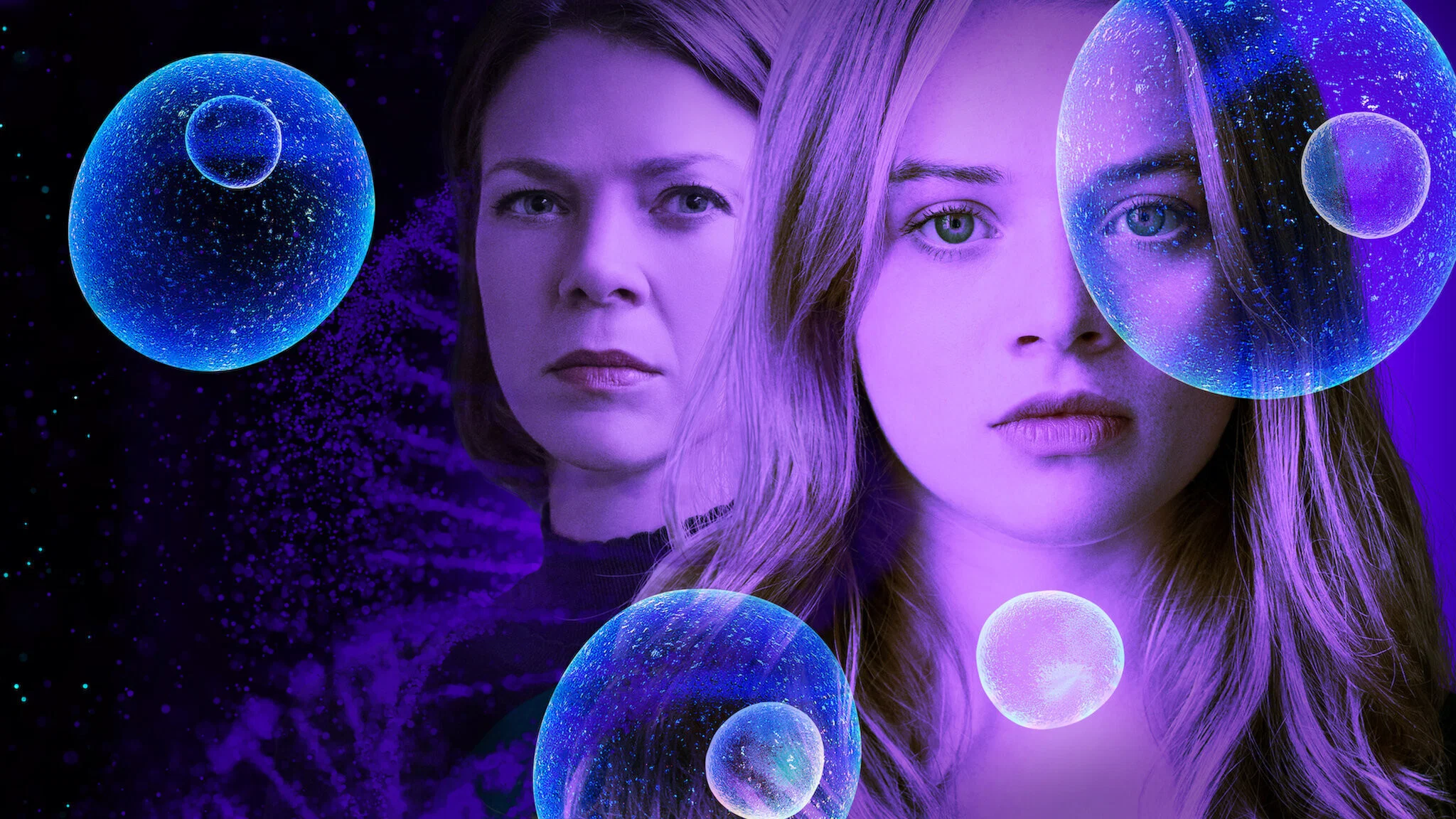 biohakerzy-Biohackers-cover | film.org.pl Abstract science-themed image of two women against a space-like purple background with glowing blue orbs in varying sizes.