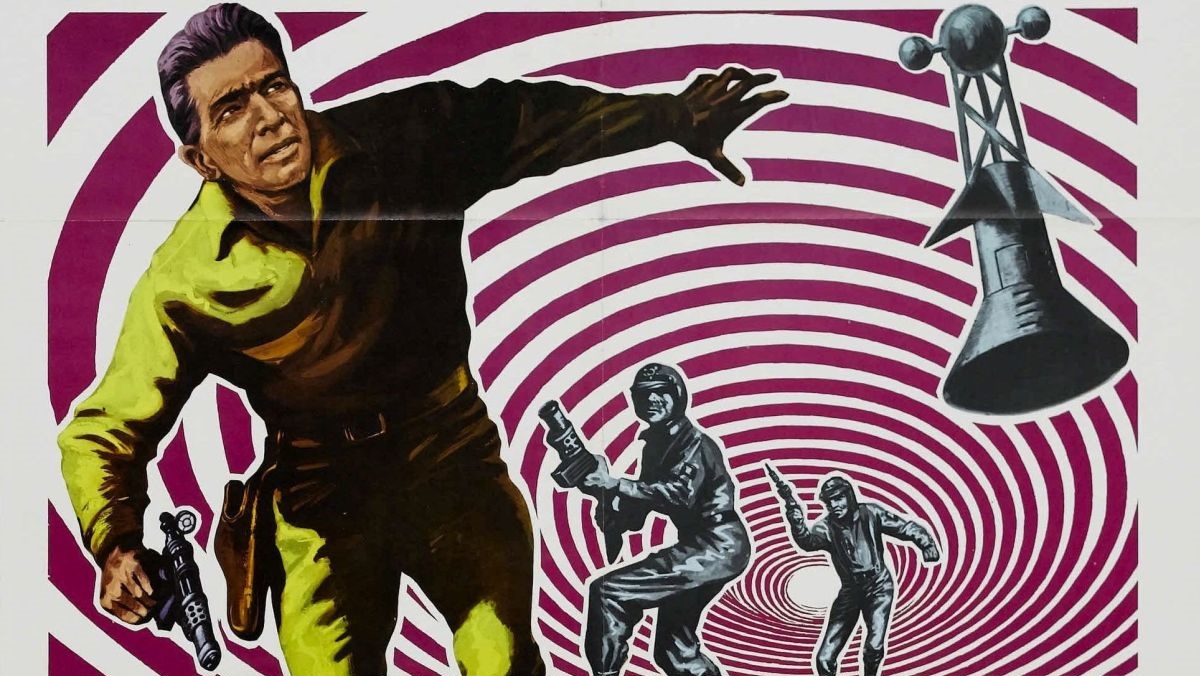 Retro pulp sci‑fi poster: man in yellow suit reaching forward with a gun, spirals behind him, smaller figures with ray guns, large horn/antenna in background.