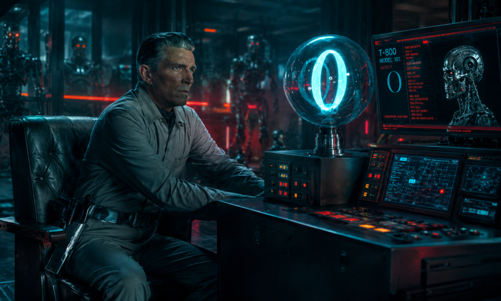 Man in a gray jumpsuit sits at a high-tech control desk, a glowing blue orb and holographic screens behind him emphasizing a futuristic lab atmosphere.