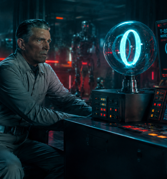 Man in a gray jumpsuit sits at a high-tech control desk, a glowing blue orb and holographic screens behind him emphasizing a futuristic lab atmosphere.