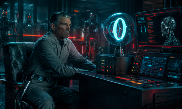Man in a gray jumpsuit sits at a high-tech control desk, a glowing blue orb and holographic screens behind him emphasizing a futuristic lab atmosphere.