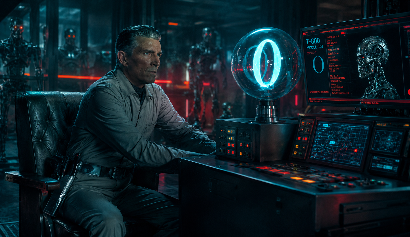 Man in a gray jumpsuit sits at a high-tech control desk, a glowing blue orb and holographic screens behind him emphasizing a futuristic lab atmosphere.