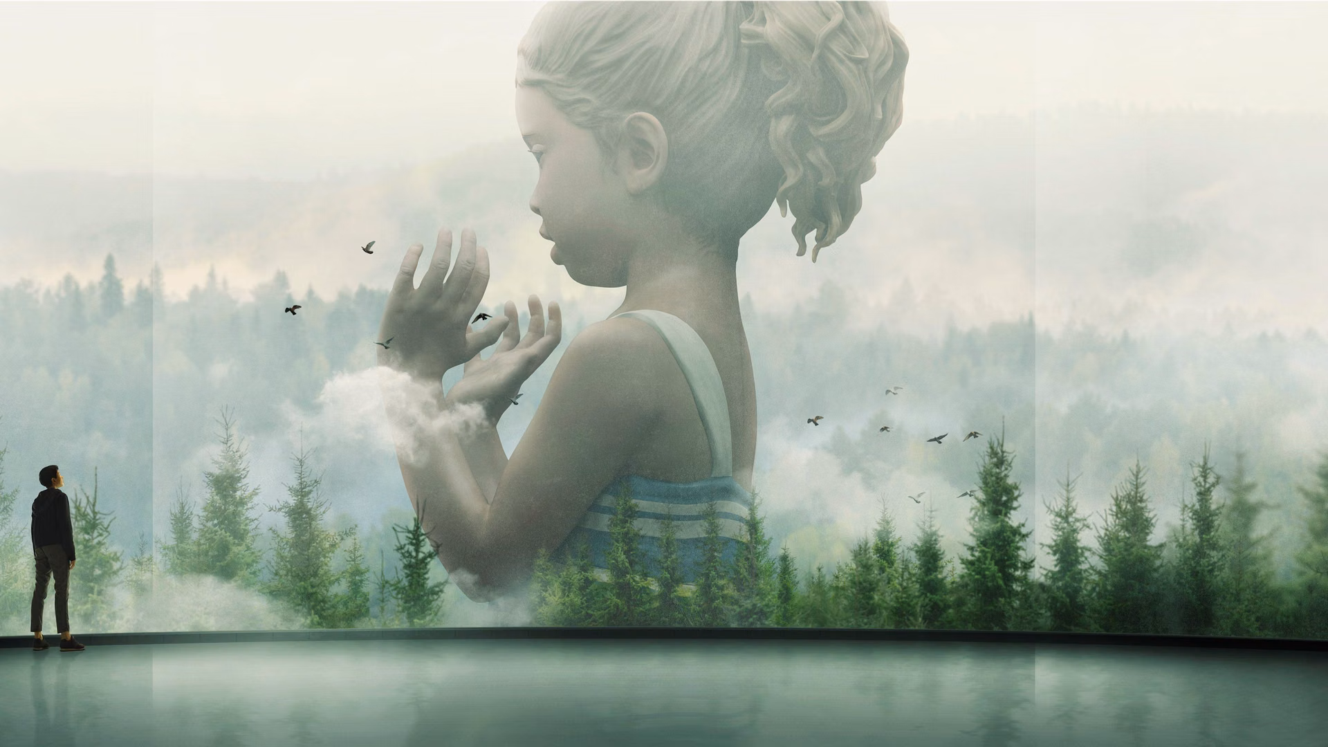 Man standing in a gallery viewing a large double-exposure mural: a girl’s semi-transparent profile blending into a forest landscape.