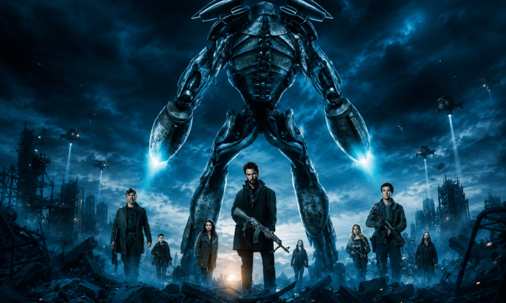 Post-apocalyptic team stands before a towering blue-toned robotic leviathan among rubble and a ruined city skyline.