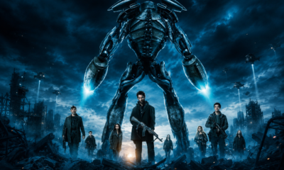 Post-apocalyptic team stands before a towering blue-toned robotic leviathan among rubble and a ruined city skyline.