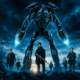 Post-apocalyptic team stands before a towering blue-toned robotic leviathan among rubble and a ruined city skyline.