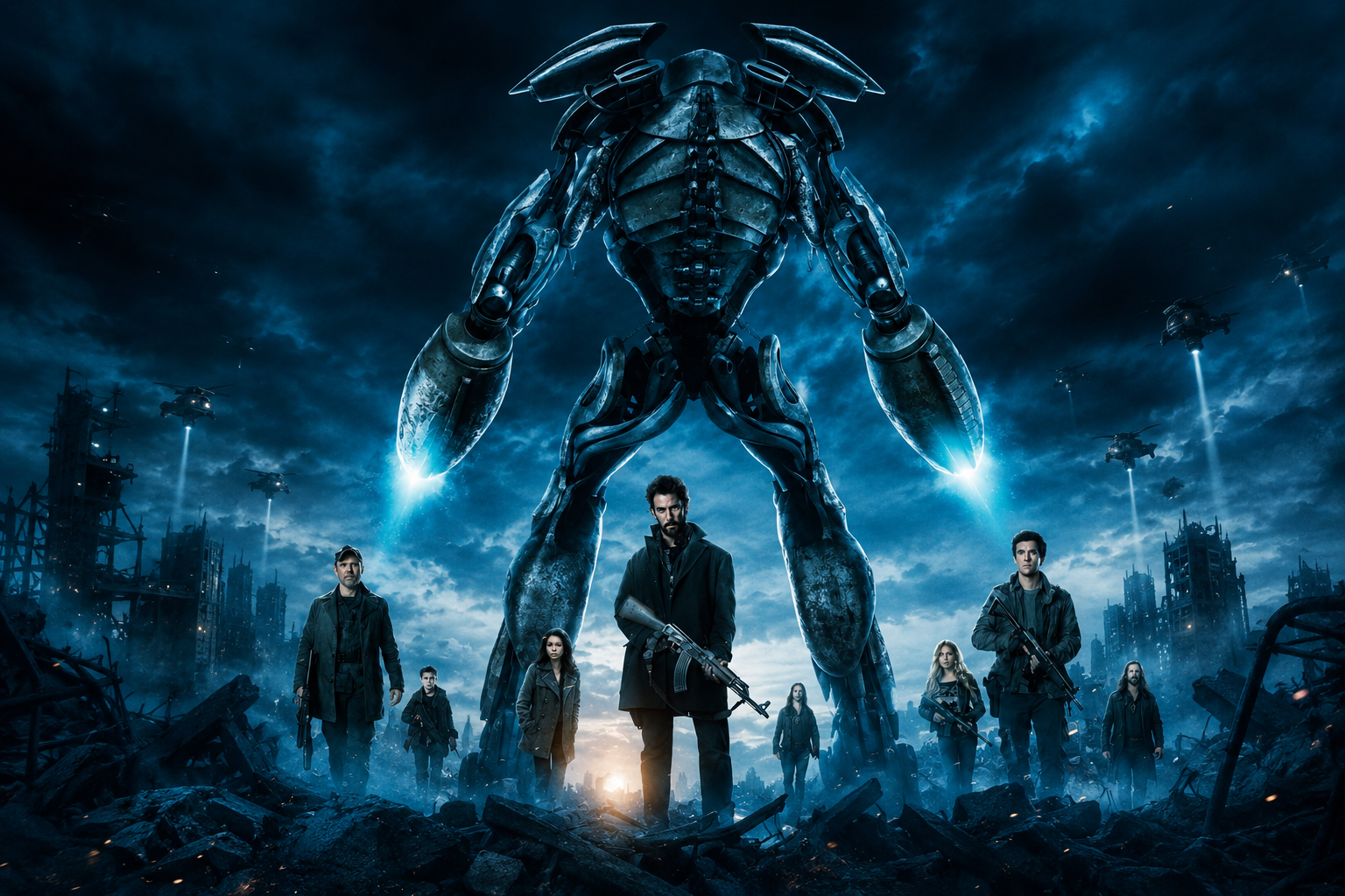 Post-apocalyptic team stands before a towering blue-toned robotic leviathan among rubble and a ruined city skyline.