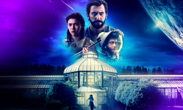 Sci-fi movie poster with three main characters above a glass conservatory against a purple-blue space backdrop.