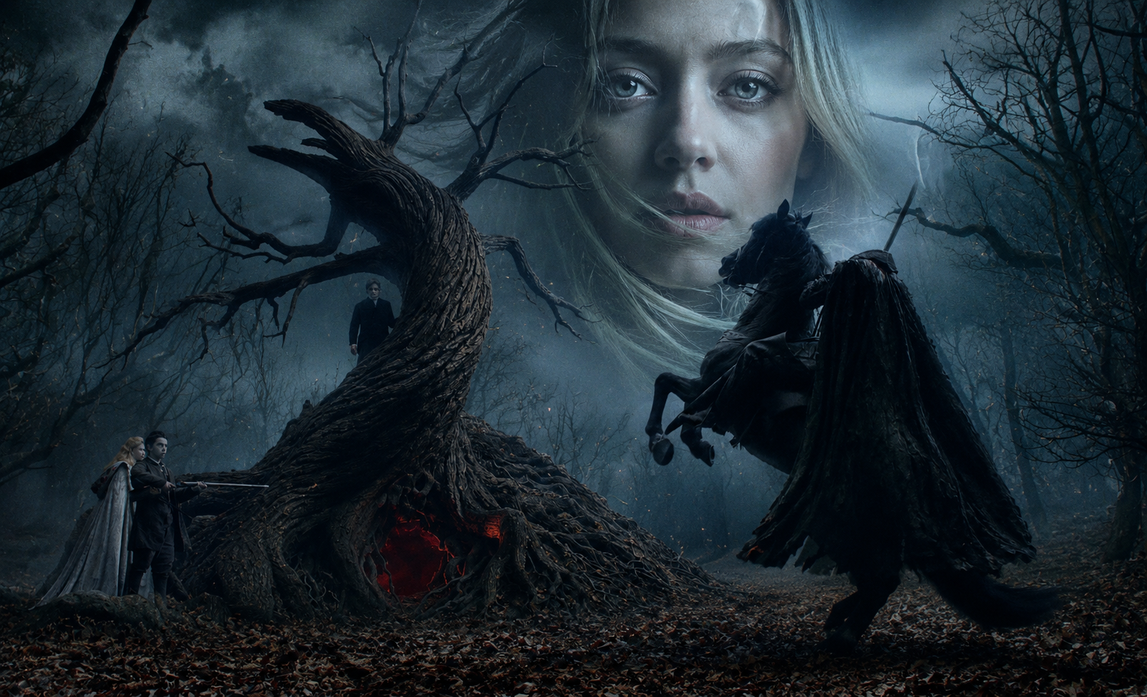 Epic fantasy scene: a twisted tree creature in a dark forest, a rider charging, and two heroes with swords ready to fight while a giant woman's face looms in the fogged air.