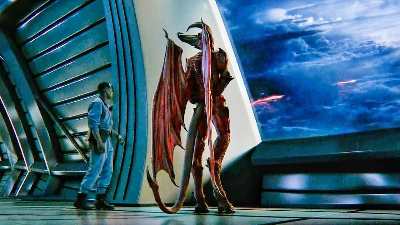 A person in a blue uniform stands before a red dragon-like alien in a high-tech corridor.