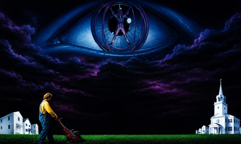 Man mowing a lawn at night in a suburban scene, with a white church on the right and a giant blue eye in the sky.